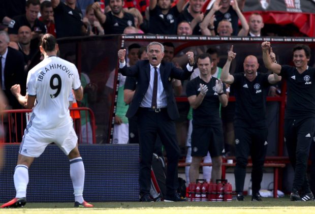 Manchester United's Zlatan Ibrahimovic runs to his jubilant manager Jose Mourinho at Bournemouth on Sunday