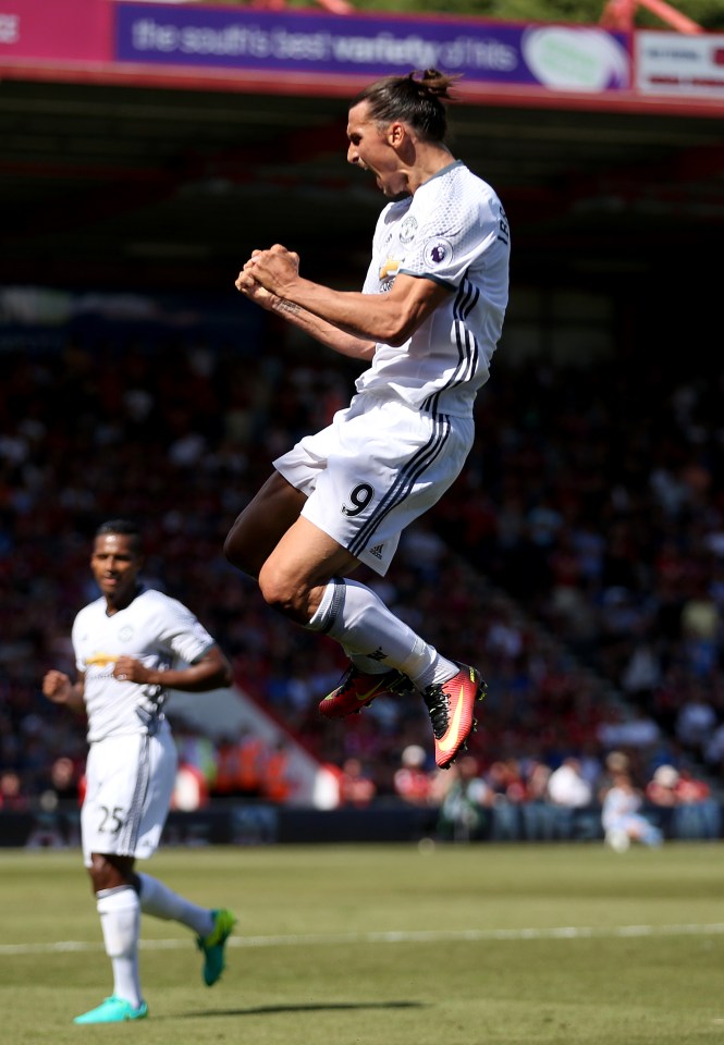 Zlatan Ibrahimovic celebrates his first ever Premier League goal