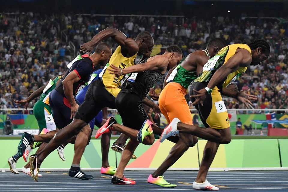  Usain Bolt got out to a textbook sluggish start as he roared to another Olympic gold in the 100 metres