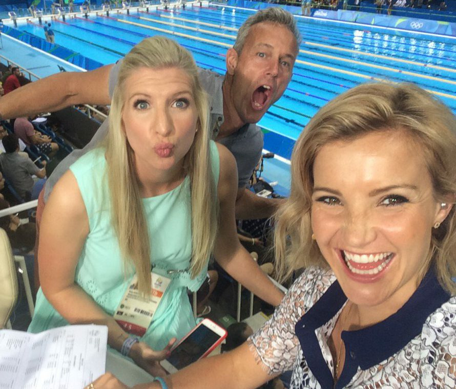  Rebecca poses with co-hosts Helen Skelton and Mark Foster