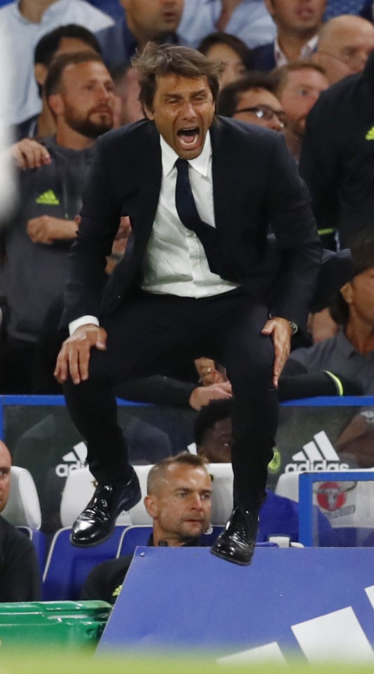 Antonio Conte even appears to defy gravity as he chants at the Chelsea players on the touchline