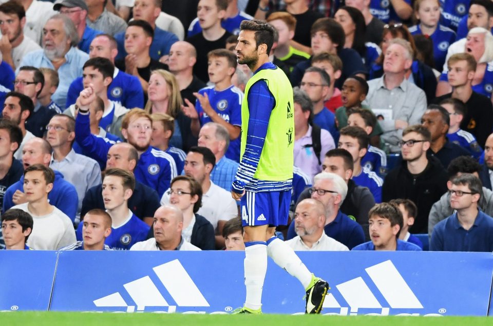 Cesc Fabregas warms up on the Stamford Bridge pitch before the West Ham match