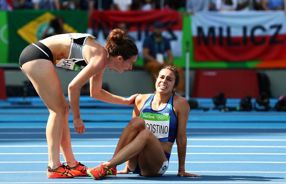 The two athletes both fell over after a collision