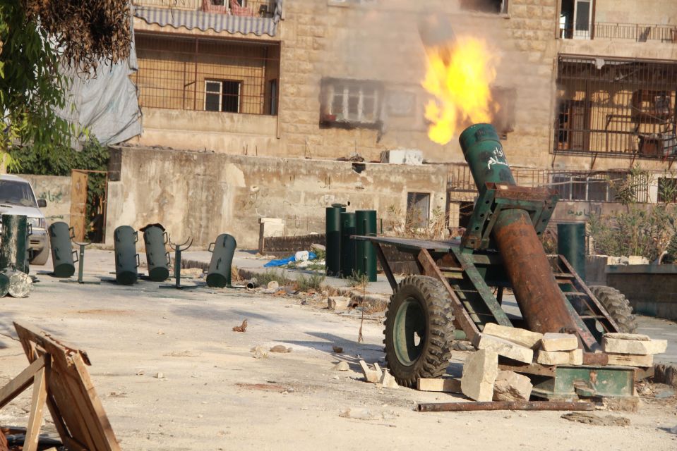  A locally built cannon firing at the regime forces in Aleppo, Syria