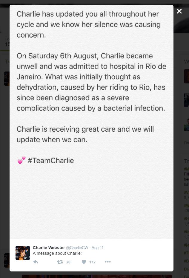 Charlie's team made the announcement on Twitter last week