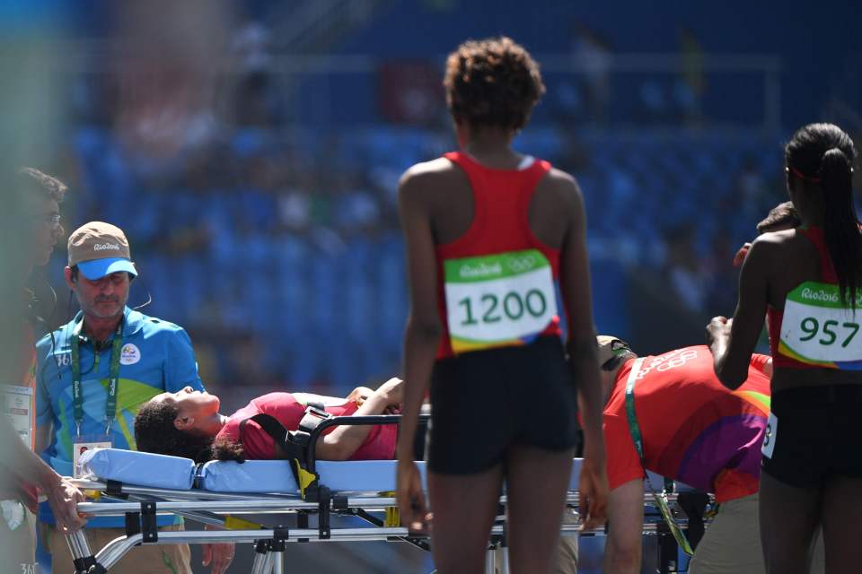 The Egyptian runner was then taken away on a stretcher