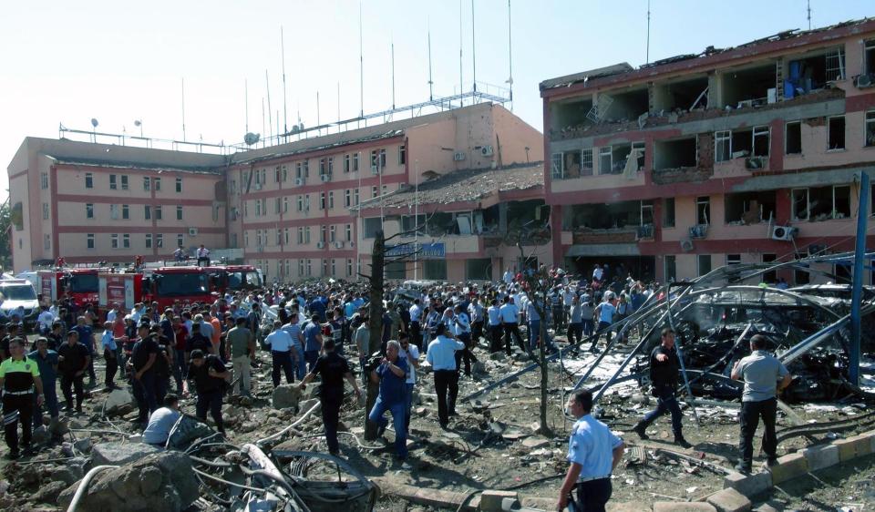 Ankara. 18th Aug, 2016. Photo taken on Aug. 18, 2016 shows the blast site in Turkey's southeastern province of Elazig. A car bomb detonated near a police compound in Turkey's eastern province of Elazig on Thursday morning, killing at least three and