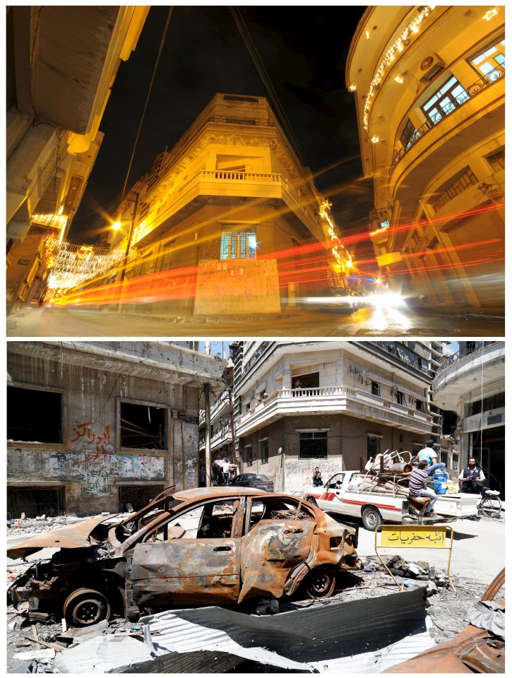  A street in Homs. Top photo taken in 2008, bottom photo in 2014