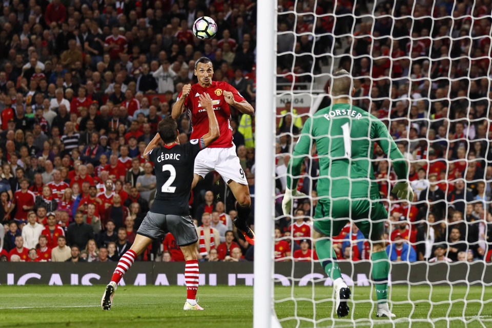  Zlatan Ibrahimovic towers above Cedric to open the scoring at Old Trafford