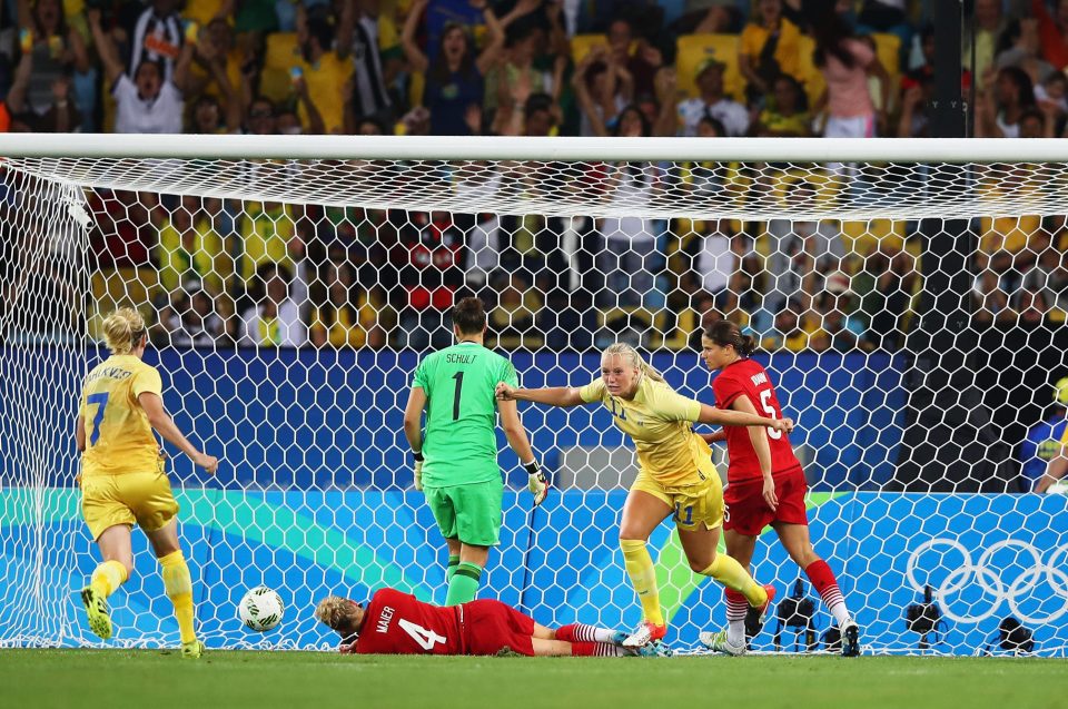 Stina Blackstenius celebrates after giving her side hope with late strike