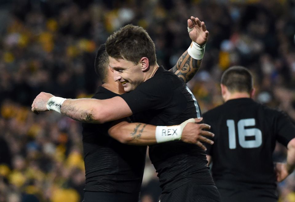  Barrett celebrates a try in the opening Bledisloe Cup match in Sydney