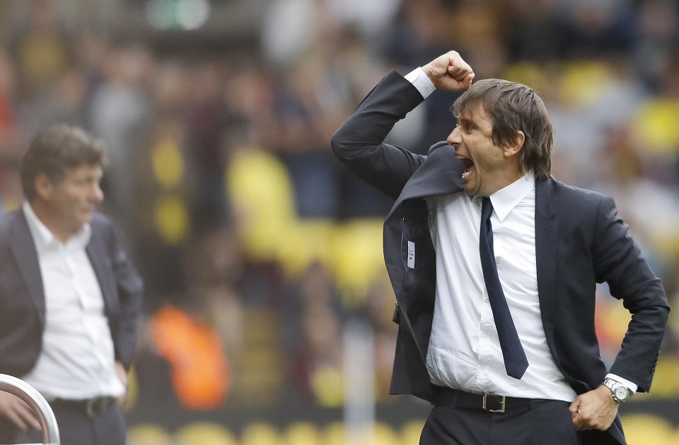 Conte celebrates after watching his team beat Watford on Saturday