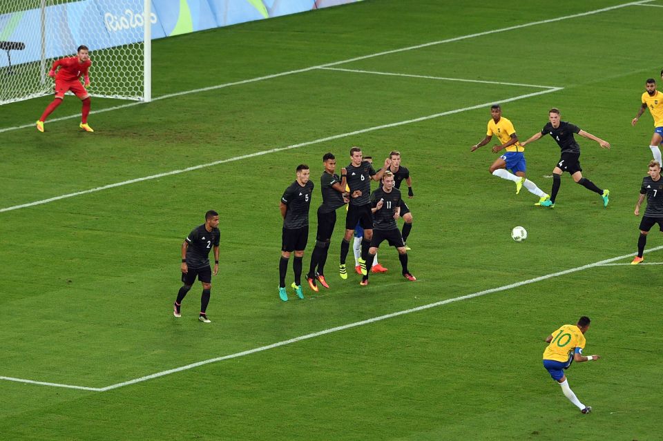 Brazil captain Neymar bends one around the wall and into the top corner