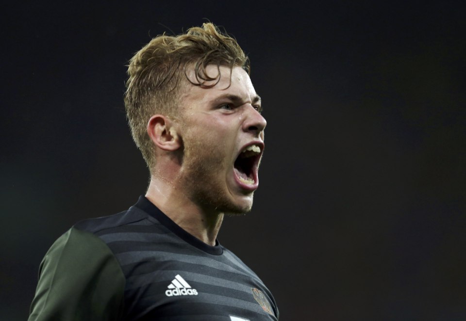 Max Meyer of Germany celebrates scoring the equaliser against Brazil