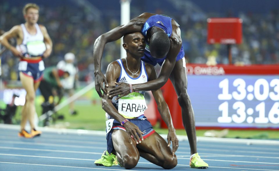 Paul Chelimo embraced Mo Farah after the Brit won his historic fourth Olympic gold medal