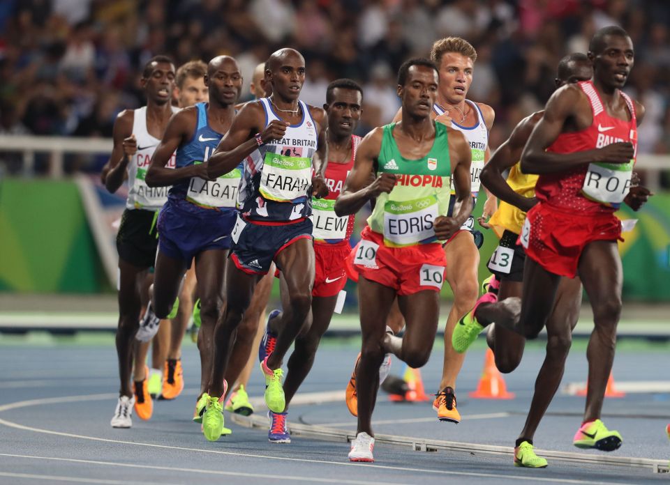 Mo Farah races in the 5,000 metres final at the Olympics in Rio