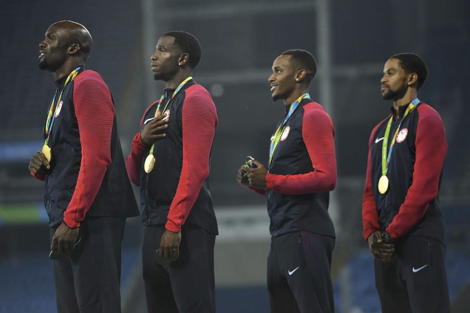 The American mens 4x400m relay team celebrate winning gold in Rio