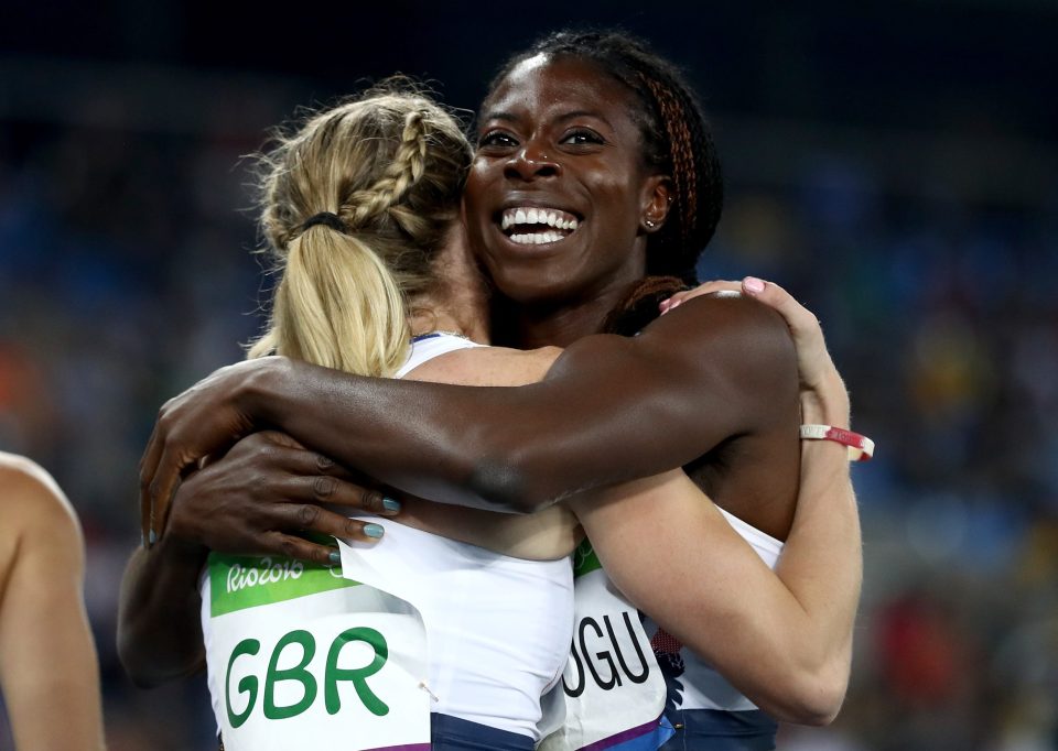 Eilidh Doyle and Christine Ohuruogu (R) celebrate their bronze success