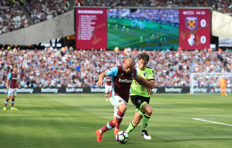 West Ham United's Gokhan Tore skips past Bournemouth's Harry Arter