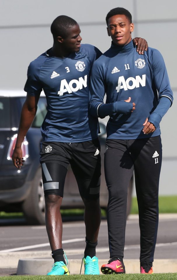 Eric Bailly and Anthony Martial were all smiles as they made their way to training