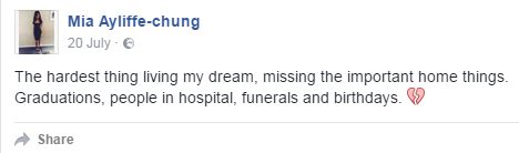  In a Facebook post, Mia said she was "living my dream"