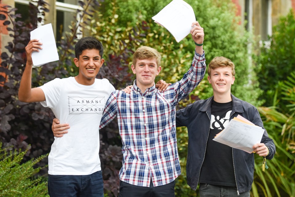  Arev Soin, Thomas Barker-Weinberger and Harry Maitland celebrate their results at Merchant Taylors school, Liverpool, where 56 per cent of boys achieved A*-A this year