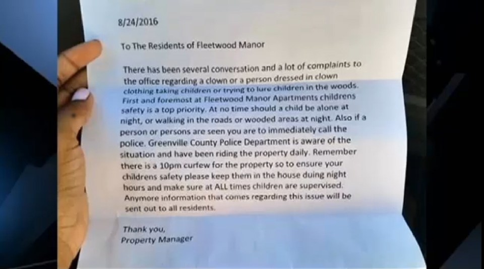  They were sent a letter by the management telling them there had been numerous complaints about a "clown or a person dressed in clown clothing taking children or trying to lure children [into] the woods"