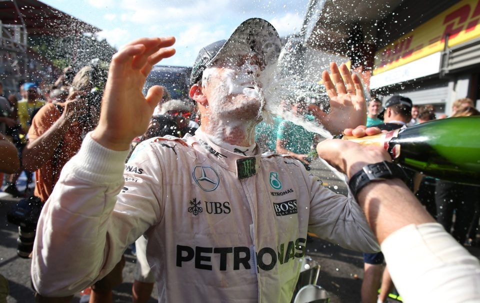  Nico Rosberg and his Mercedes GP team celebrate his win with in Spa