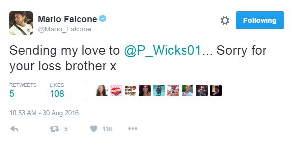 Mario Falcone also tweeted his pal to say he was thinking of him