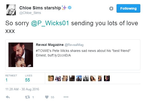 Chloe Sims sent Pete lots of love at such a sad time