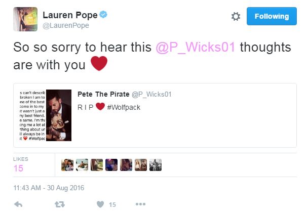 Pete received tweets of condolence from his current and former Towie co stars 