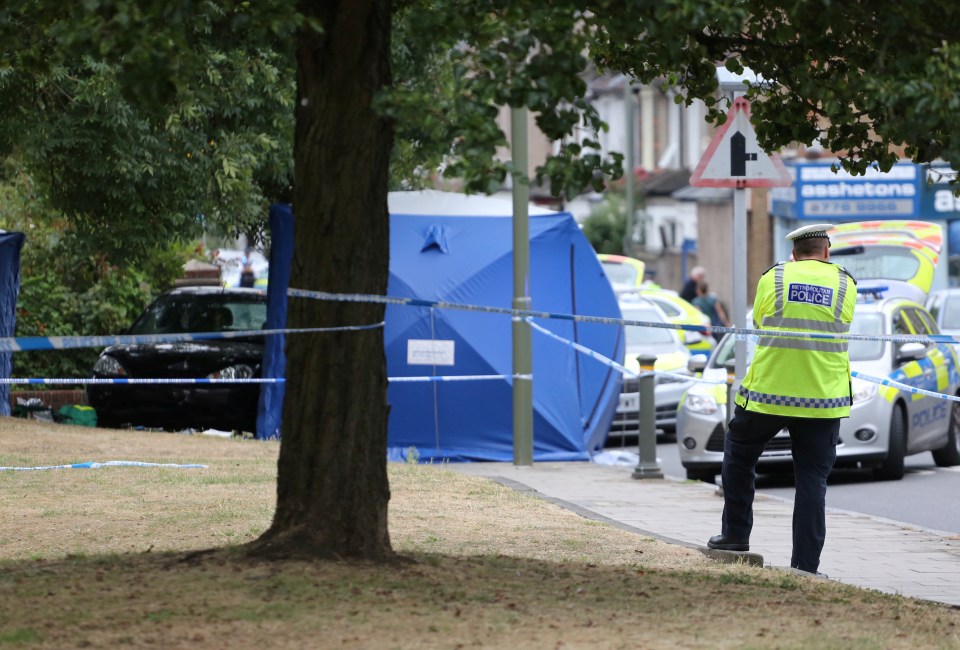 Cops works at the scene where a fleeing vehicle collided with two pedestrians in south London