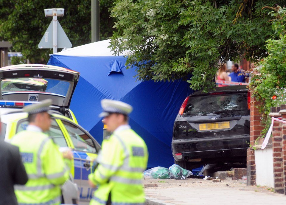 The car came to rest on a patch of grass next to the road