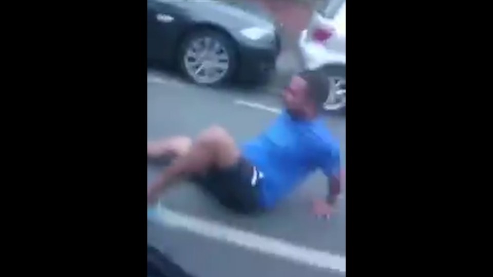 As the vehicle drives off, the dazed man can be seen beginning to pick himself up off the floor