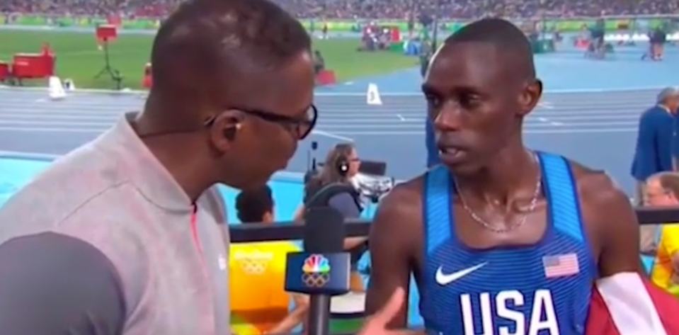 NBC reporter Lewis Johnson told Paul Chelimo he had been disqualified after finishing behind Mo Farah in the 5,000 metres final