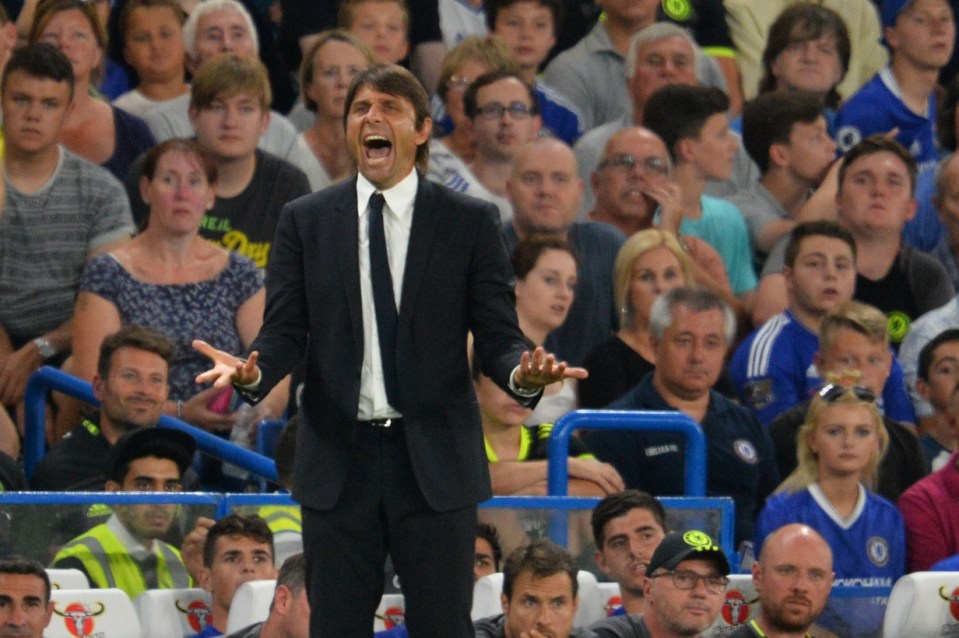 Chelsea's Italian head coach Antonio Conte gestures from the touchline during the English League Cup second round football match between Chelsea and Bristol Rovers at Stamford Bridge in London on August 23, 2016. / AFP PHOTO / GLYN KIRK / RESTRICTED TO EDITORIAL USE. No use with unauthorized audio, video, data, fixture lists, club/league logos or 'live' services. Online in-match use limited to 75 images, no video emulation. No use in betting, games or single club/league/player publications. / GLYN KIRK/AFP/Getty Images