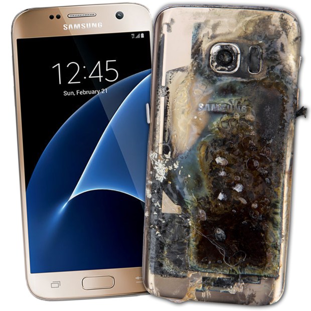 Images of a Samsung S7 phone before and after exploding