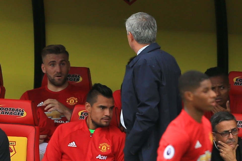 18 September 2016 - Premier League - Watford v Manchester United - Jose Mourinho Manager of Manchester United speaks to Luke Shaw after substituting him - Photo: Marc Atkins / Offside.