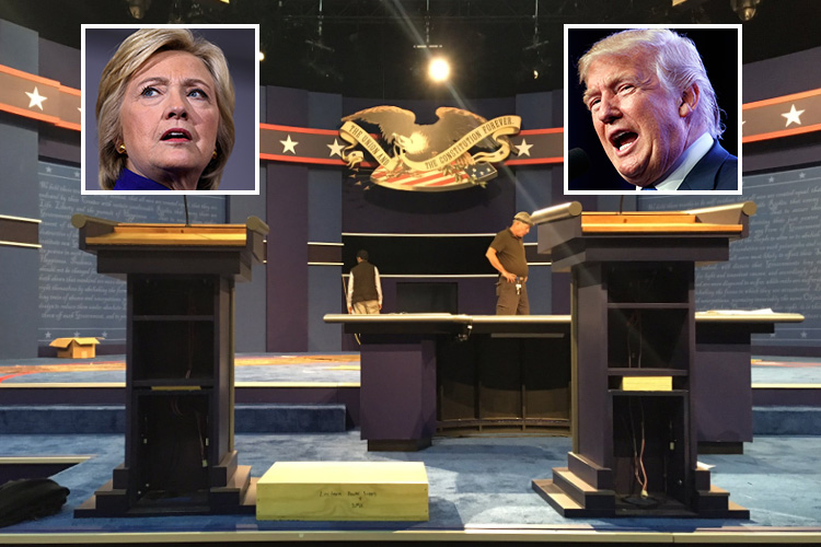  The picture emerged hours before snaps showed the podium's which will be used in opposing presidential candidates Clinton and Trump will use podiums of different sizes ahead of Monday night's crucial TV debate in the US