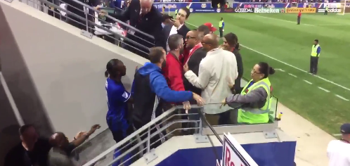  Dider Drogba walks back up the stairs to confront the Red Bulls fans