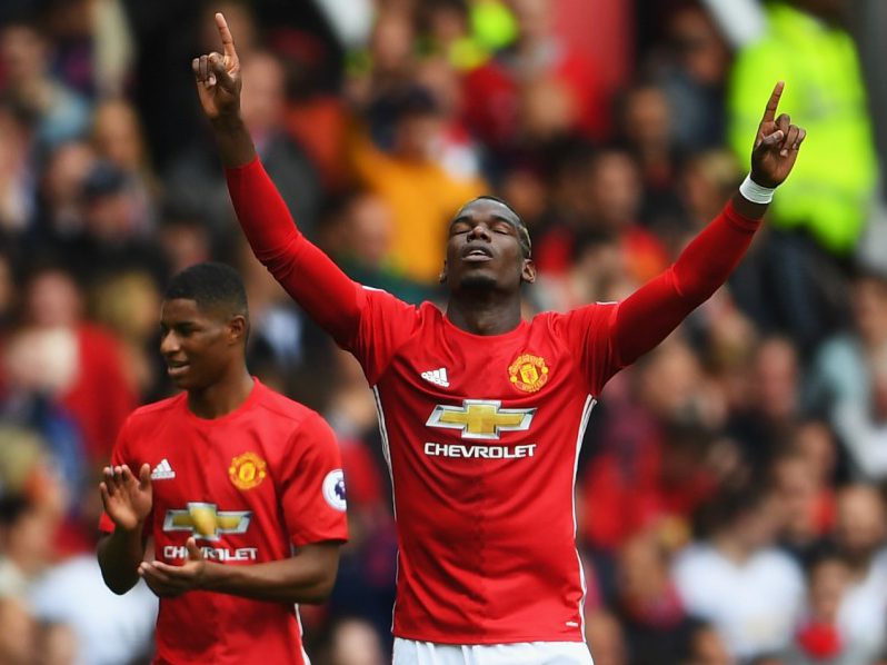 MANCHESTER, ENGLAND - SEPTEMBER 24: Paul Pogba of Manchester United celebrates scoring his sides fourth goal during the Premier League match between Manchester United and Leicester City at Old Trafford on September 24, 2016 in Manchester, England. (Photo by Laurence Griffiths/Getty Images)