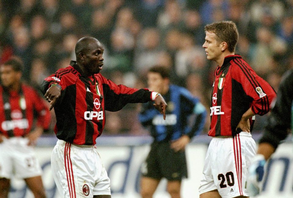 23 Oct 1999: George Weah and Oliver Bierhoff of AC Milan during the Serie A match against Inter Milan at the San Siro in Milan, Italy. Mandatory Credit: Claudio Villa /Allsport