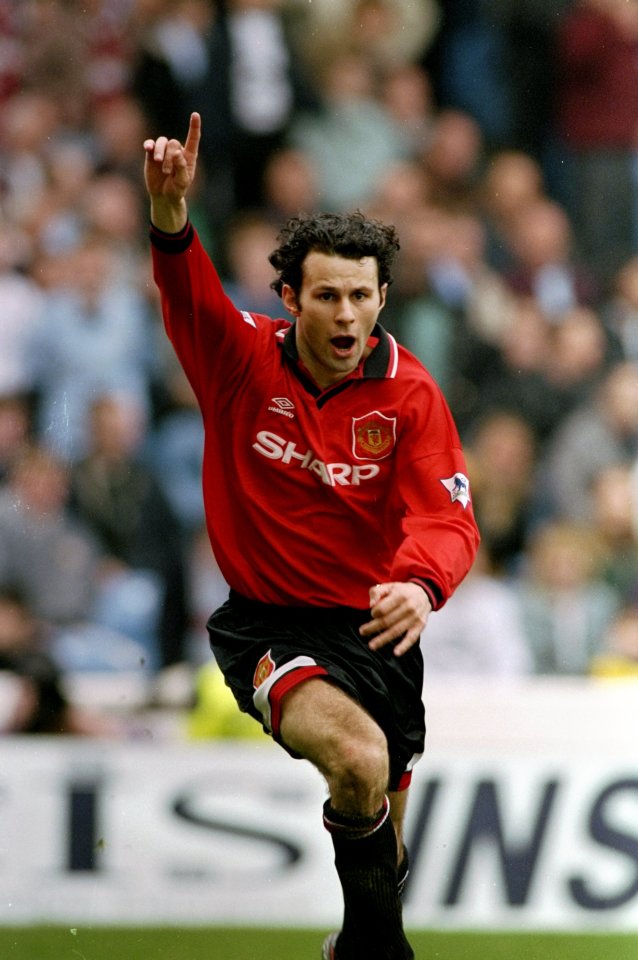 Ryan Giggs celebrates scoring a late screamer for Manchester United at Maine Road