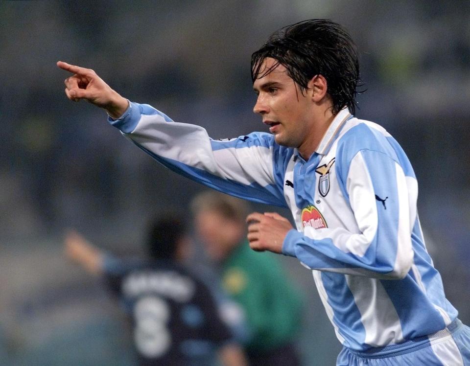 ROME, ITALY: Lazio Rome's forward Simone Inzaghi jubilates after he scored his third goal, during the Champion's League, Group D, game Lazio Rome vs Olympique de Marseille, 14 March 2000, at the Olympic Stadium in Rome. (ELECTRONIC IMAGE) (Photo credit should read GABRIEL BOUYS/AFP/Getty Images)