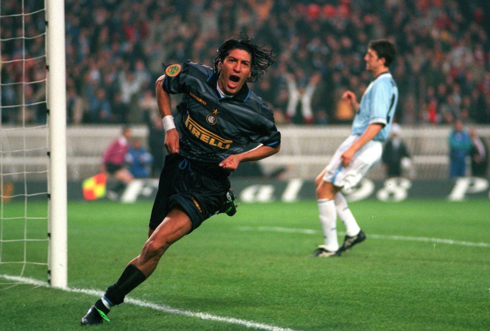 Football, UEFA Cup Final, Paris, France, 6th May 1998, Inter Milan 3 v Lazio 0, Inter Milan's Ivan Zamorano runs away to celebrate after scoring the first goal (Photo by Popperfoto/Getty Images)