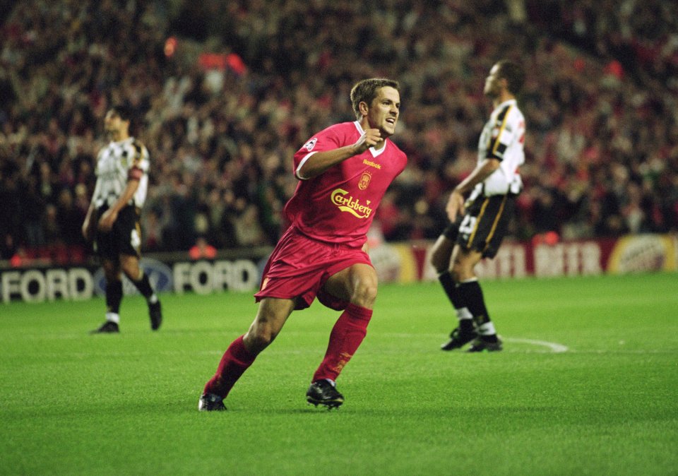 11 Sep 2001: Michael Owen of Liverpool celebrates scoring the equalising goal during the UEFA Champions League Group B match against Boavista played at Anfield, in Liverpool, England. The match ended in a 1-1 draw. Mandatory Credit: Alex Livesey /Allsport