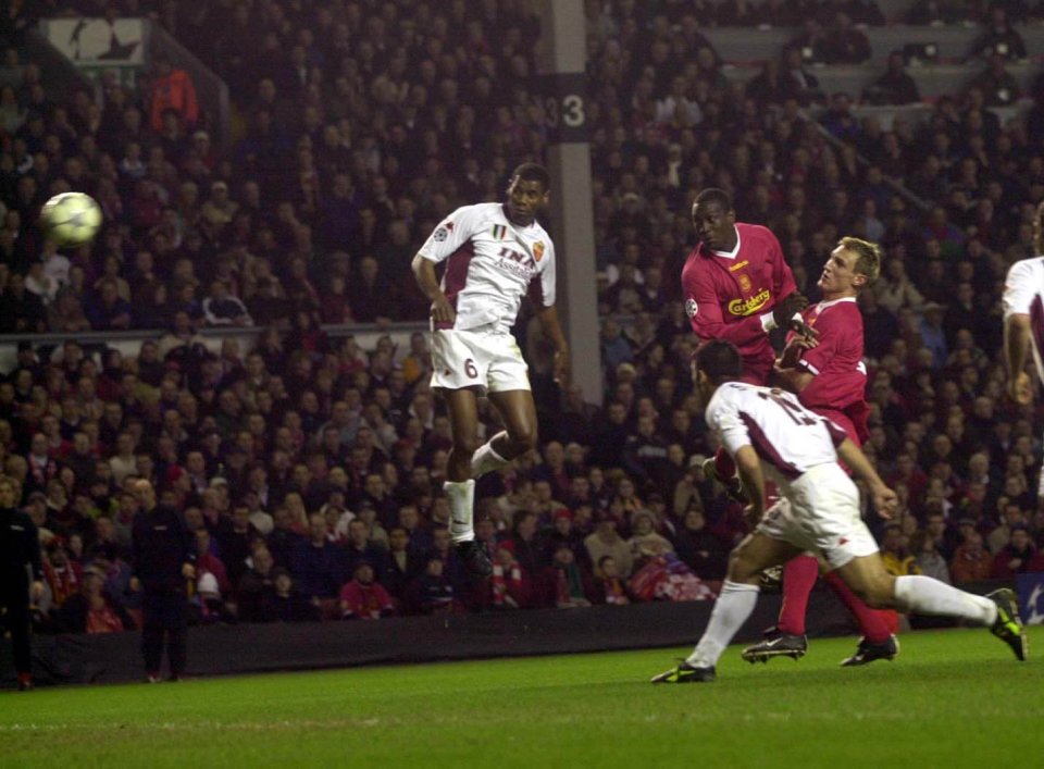 LIVERPOOL(2) V AS ROMA(0) ...19TH MARCH 2002...PICTURE BY MARK ROBINSON..EMILE HESKEY SCORES SECOND GOAL.