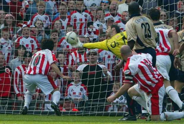 David Seaman produces a wonder save to deny Sheffield United in the 2003 FA Cup semi-final