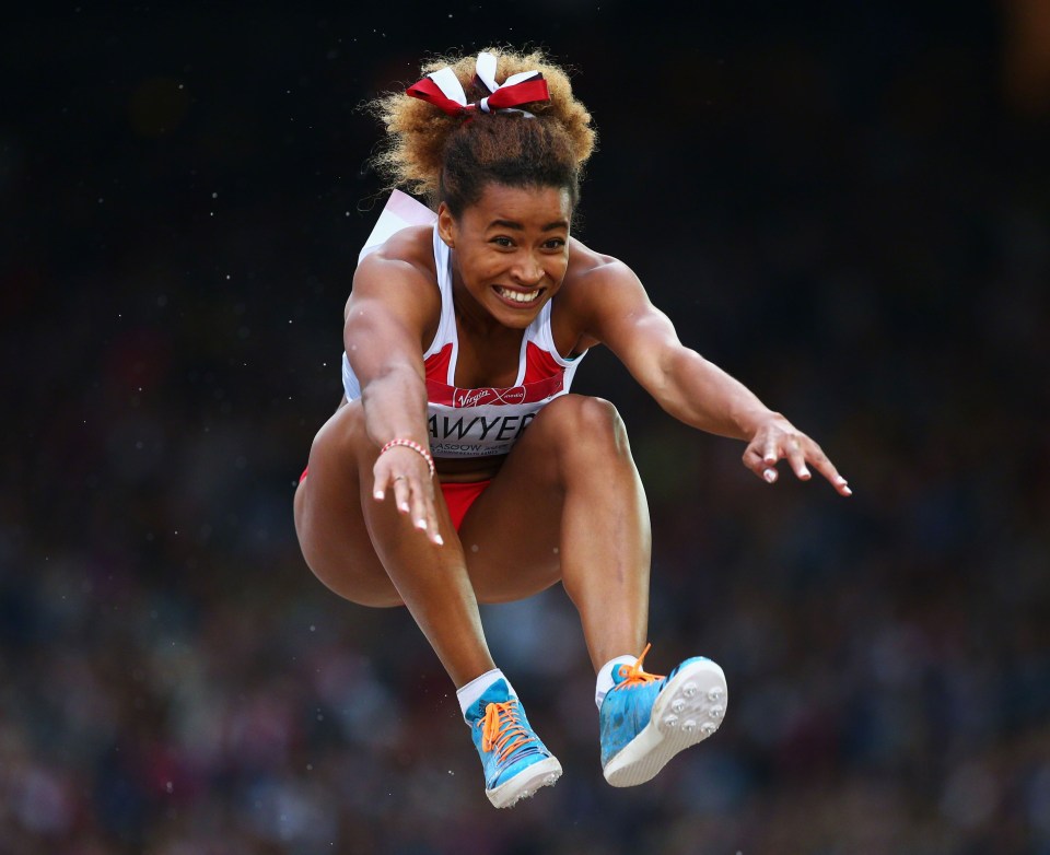 Jazmin Sawyers of England competes in the Women's Long Jump in Glasgow