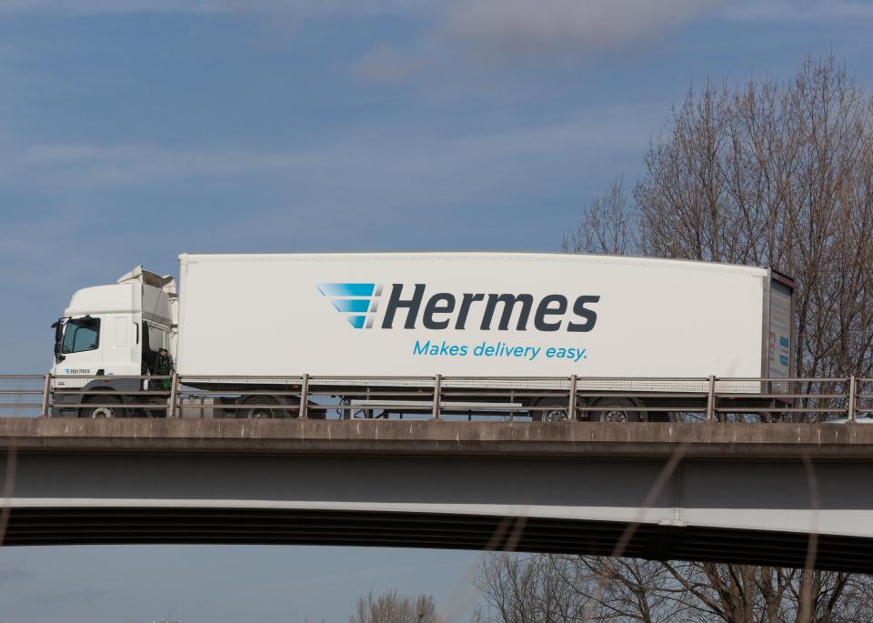 A Hermes truck travelling through the Midlands in the UK.